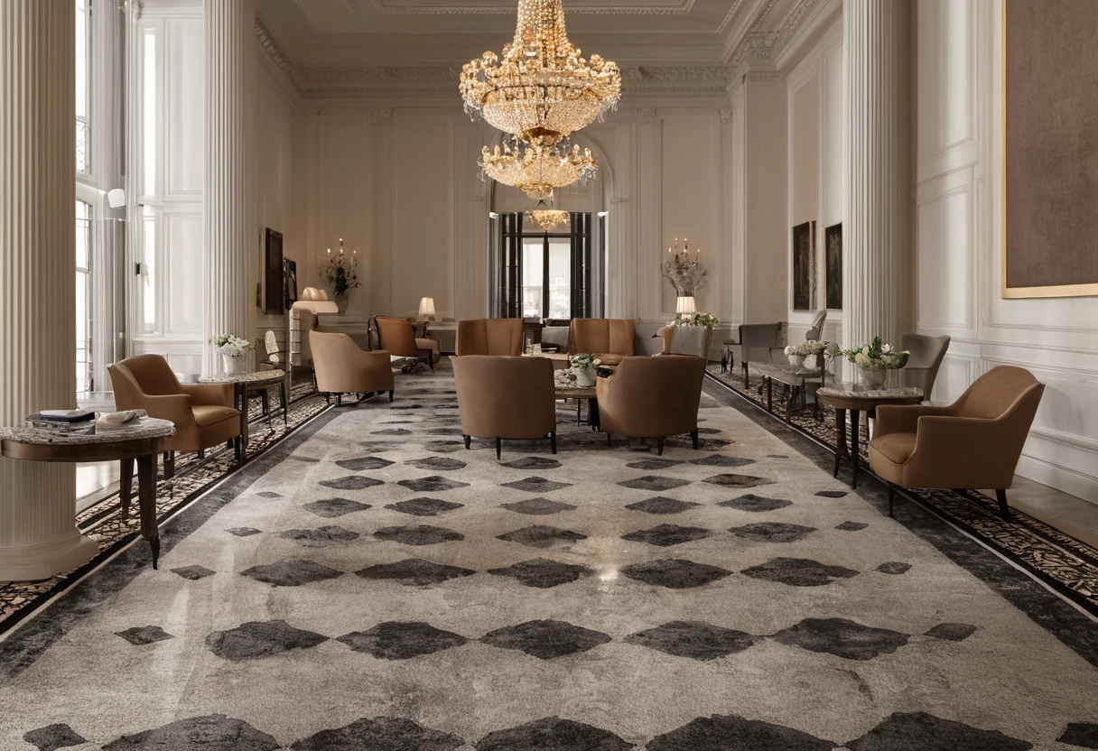 Hotel lobby with stone floor zoned by large area rugs under separate seating groups