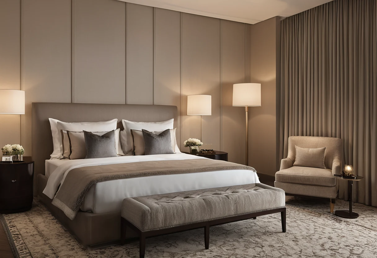 Hotel guest room with patterned wall-to-wall carpet and a finer bedside rug layered at the bed