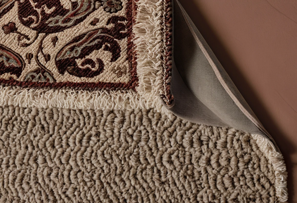 Corner of a patterned hand-tufted rug layered over low dense wall-to-wall carpet with a gripping underlay